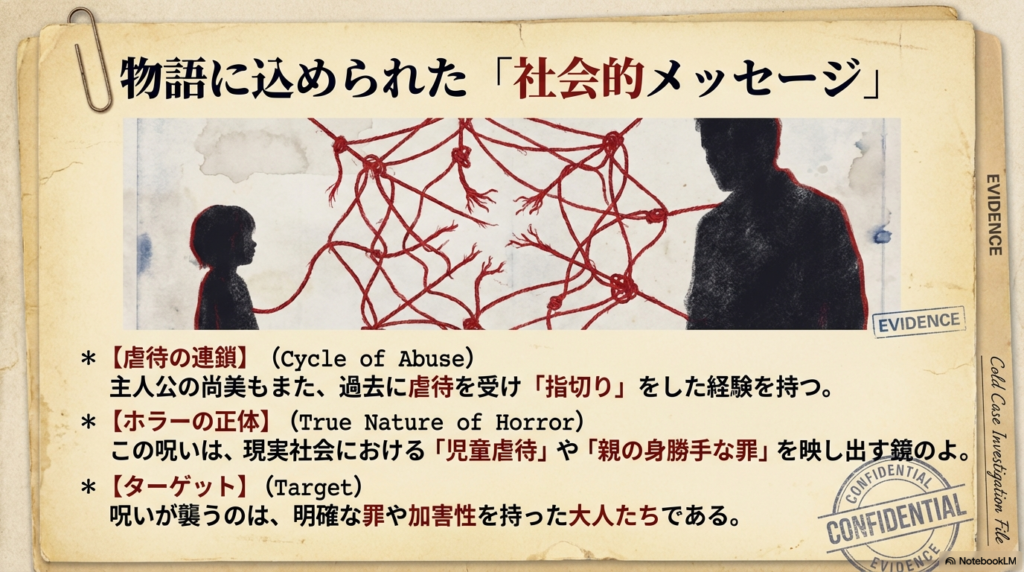 虐待の連鎖や、明確な加害性を持つ大人がターゲットになるという作品の社会的背景。