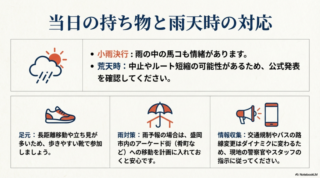 小雨決行・荒天中止の案内と、歩きやすい靴や雨対策（アーケード街への移動）の推奨リスト 。