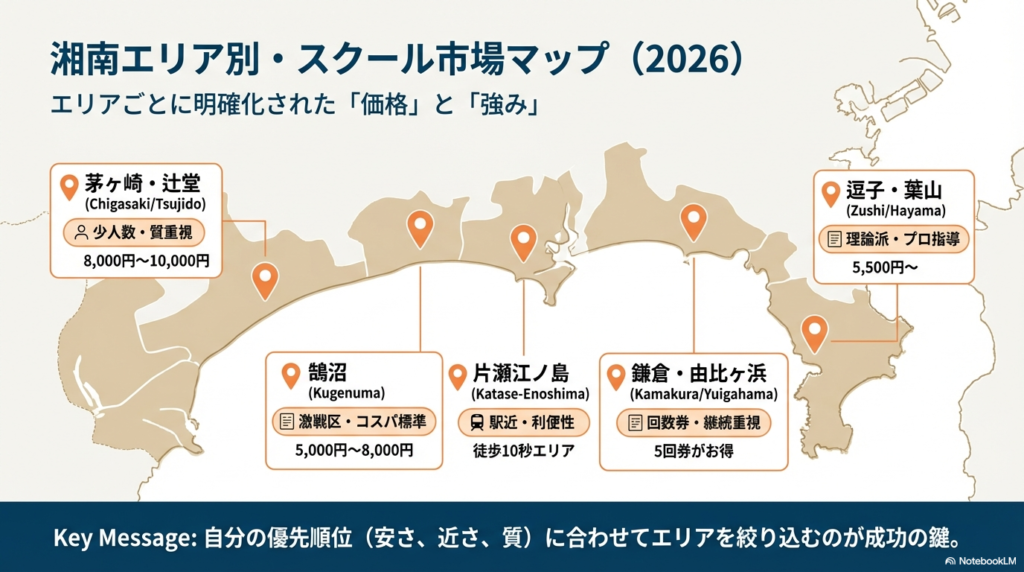 鵠沼エリアの単発相場(5,000円〜8,000円)と鎌倉エリアの5回券相場(26,400円〜28,000円)を比較し、3〜5回の継続が上達の鍵であることを示す図解。