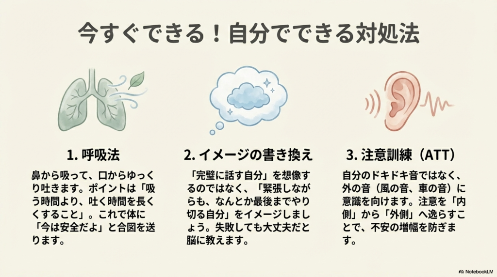 肺、雲（イメージ）、耳のイラストを用いた対処法の紹介。吐く時間を長くする「呼吸法」、やり切る自分を想像する「イメージの書き換え」、意識を外に向ける「注意訓練（ATT）」の3つのポイントがまとめられています。