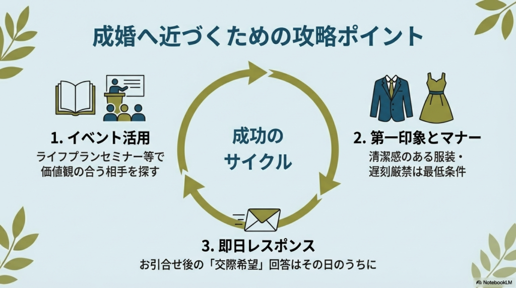 イベント活用、清潔感のある服装・マナー、お引合せ後の即日レスポンスという3つの攻略ポイント 。