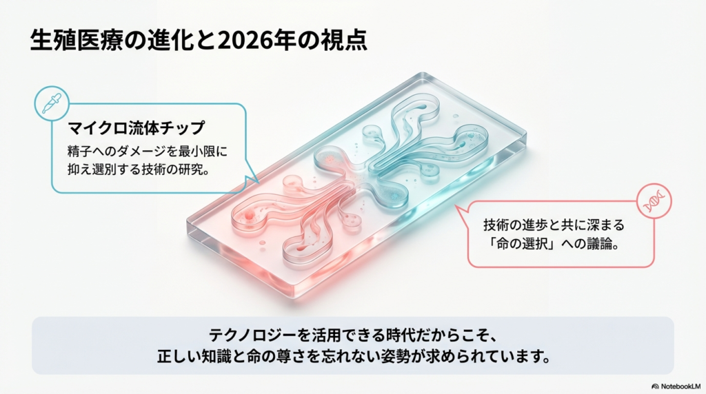 マイクロ流体チップなどの最新技術への期待と、技術進歩に伴う「命の選択」への倫理的な議論の深まりについて記されたスライド。