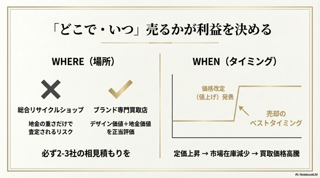 総合ショップと専門店の違いや、ブランドの価格改定ニュース直後がベストタイミングであることを示すスライド 。