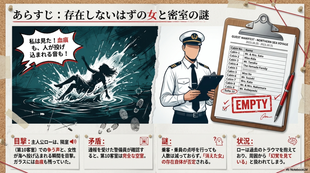 海へ投げ込まれる女性のシルエットと「私は見た！血痕も、人が投げ込まれる音も！」という台詞。第10客室が空室である矛盾を示す図解。