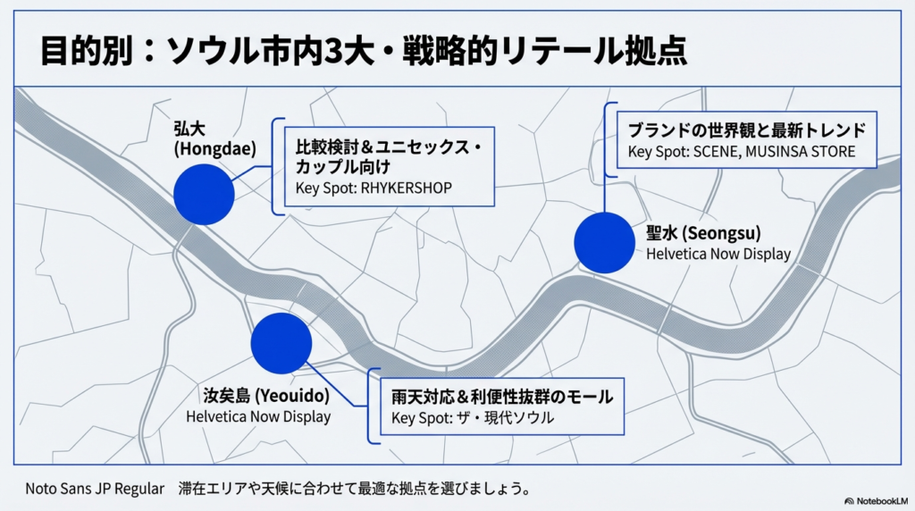 弘大(比較検討)、聖水(最新トレンド)、汝矣島(雨天対応)の3つの拠点を地図と特徴で示したスライド。