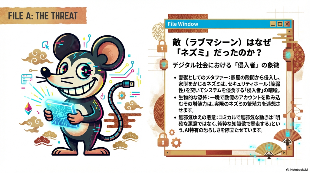 デジタル社会の侵入者としてのネズミを解説するスライド。セキュリティホールのメタファーや無邪気な悪意についてのテキストと、基板を持つネズミのアバターのイラスト。