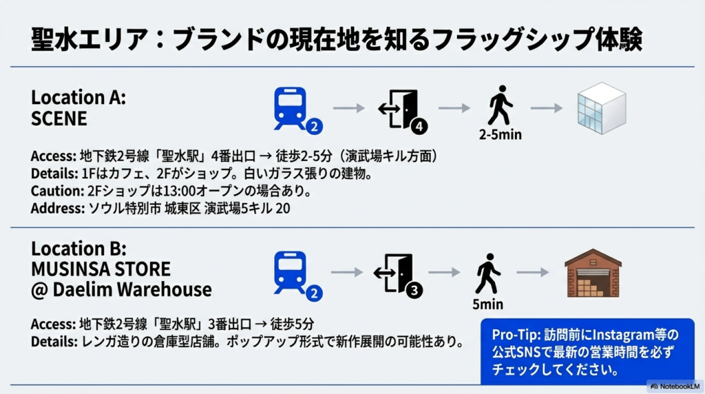 聖水駅からSCENE(4番出口から徒歩2-5分)とMUSINSA STORE(3番出口から徒歩5分)への行き方を図解したスライド。