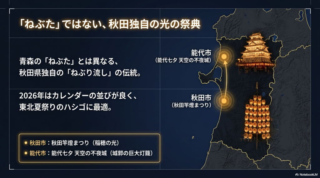 青森のねぶたとは異なる秋田独自の「ねぶり流し」の伝統と、2026年のカレンダーが東北夏祭りのハシゴに最適であることを示すスライド。