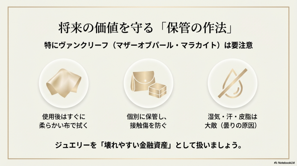 湿気や皮脂を防ぐ手入れ方法や、石同士の接触傷を防ぐ個別保管の重要性を説くスライド 。