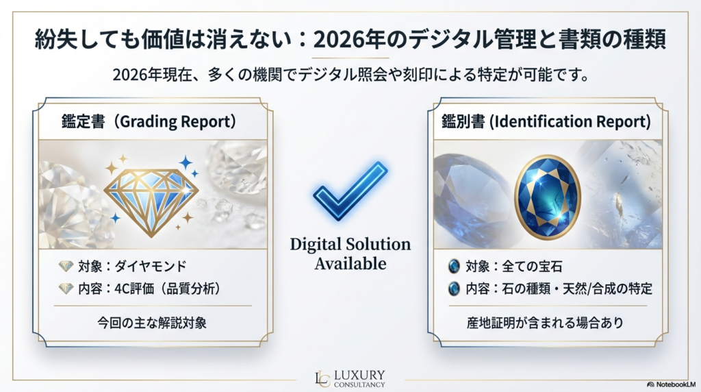 ダイヤモンドの4Cを評価する「鑑定書」と、全ての宝石を対象に種類や天然・合成を特定する「鑑別書」の違いを対比させたスライド。