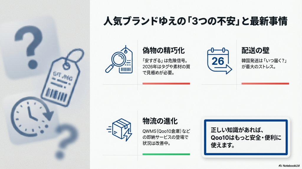 偽物の精巧化、配送の壁、物流の進化という、Qoo10利用者が抱く「3つの不安」と2026年現在の状況をまとめたスライド 。