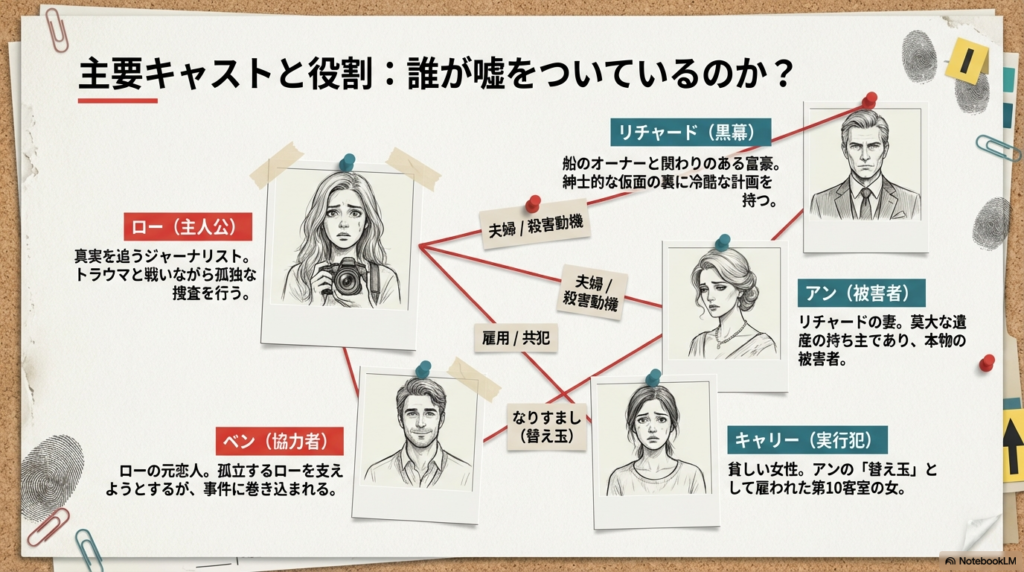 主人公ロー、犯人リチャード、被害者アン、協力者ベン、実行犯キャリーの顔写真（イラスト）とそれぞれの役割・関係性を示す図。