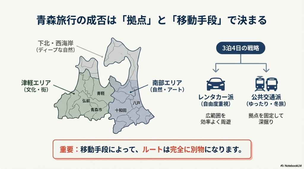 津軽・南部・下北・西海岸のエリアマップと、レンタカー派・公共交通派それぞれの戦略を比較した図解。