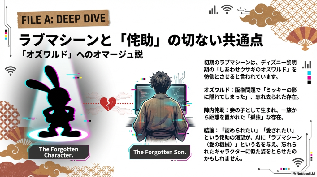 「しあわせウサギのオズワルド」と陣内侘助の共通点を分析するスライド。忘れ去られた存在と、認められたい渇望がラブマシーンのデザインに投影されている可能性を考察。