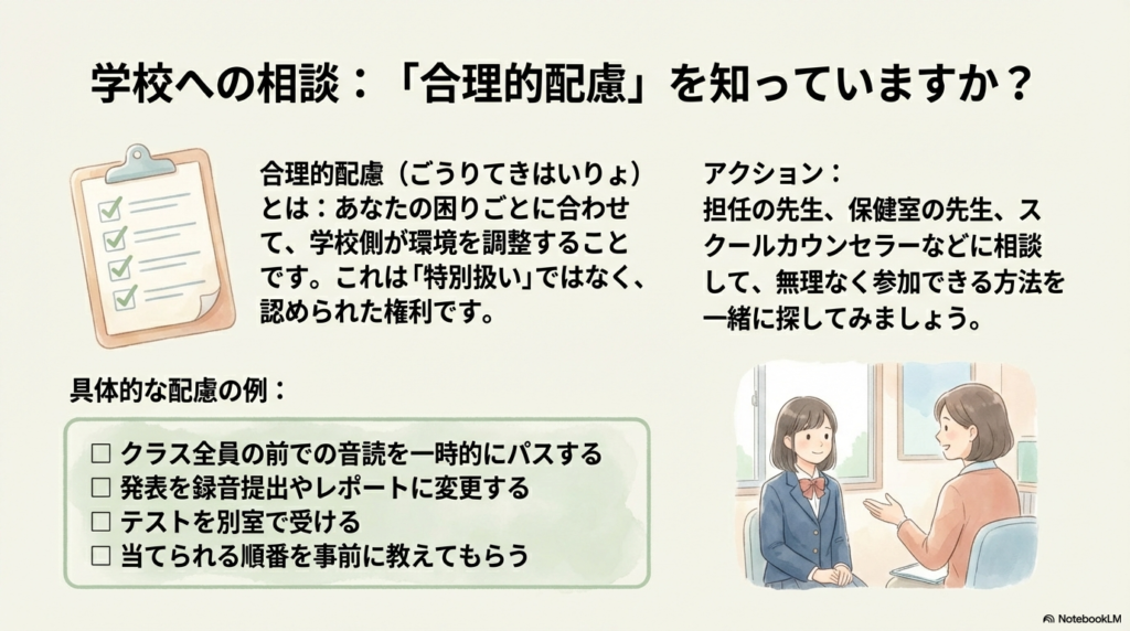 先生と相談する生徒のイラストと、チェックリストの図。音読のパス、録音提出、別室登校などの具体的な合理的配慮の例を挙げ、これらは「認められた権利」であることを説明しています。