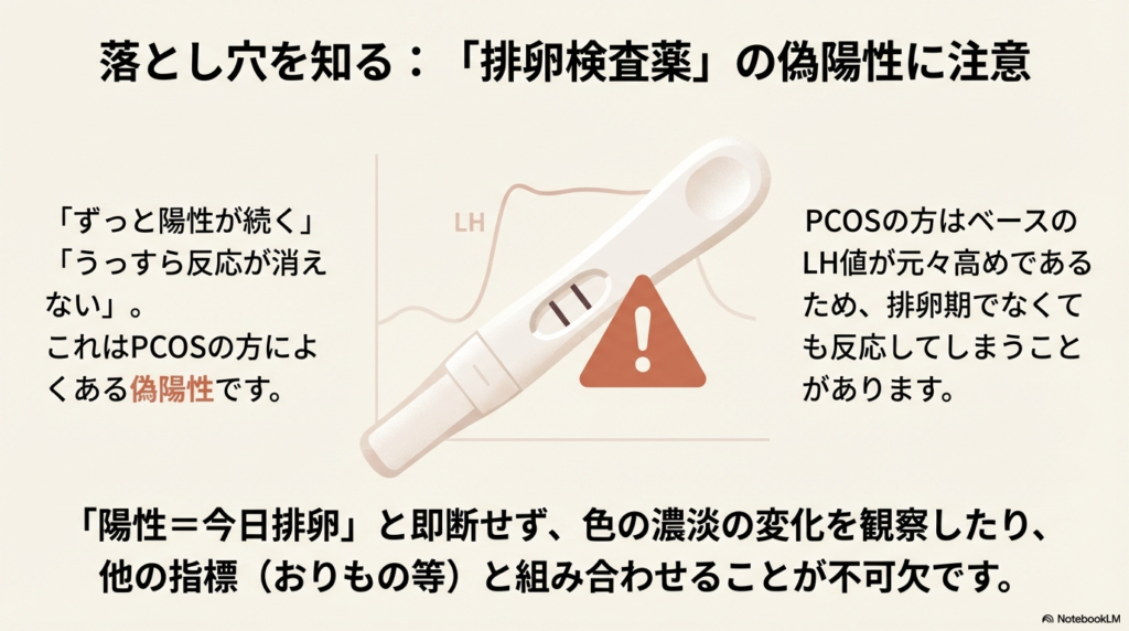 陽性反応が出ている排卵検査薬に注意マークが添えられ、PCOSではベースのLH値が高いため排卵期以外でも反応してしまうリスクを説明するスライド。