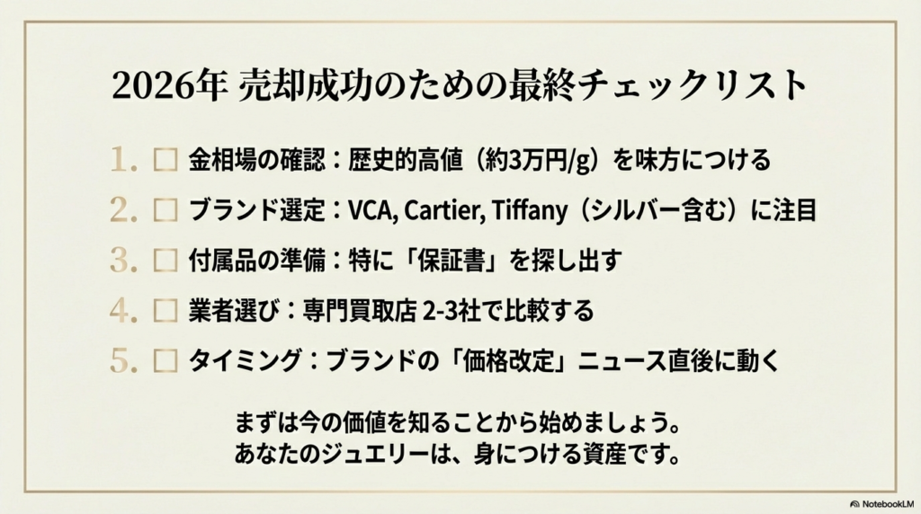 金相場、ブランド選定、付属品、業者選び、タイミングの5つの重要ポイントをまとめた最終チェックリスト 。