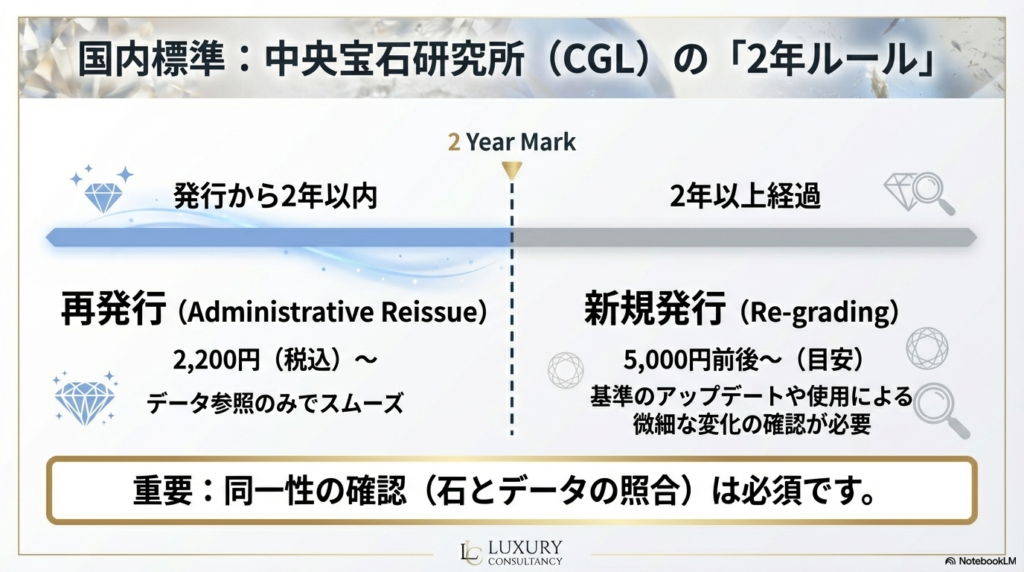 発行から2年以内なら「再発行（2,200円〜）」、2年以上経過なら「新規発行（5,000円前後〜）」となるCGLのルールを説明するスライド。