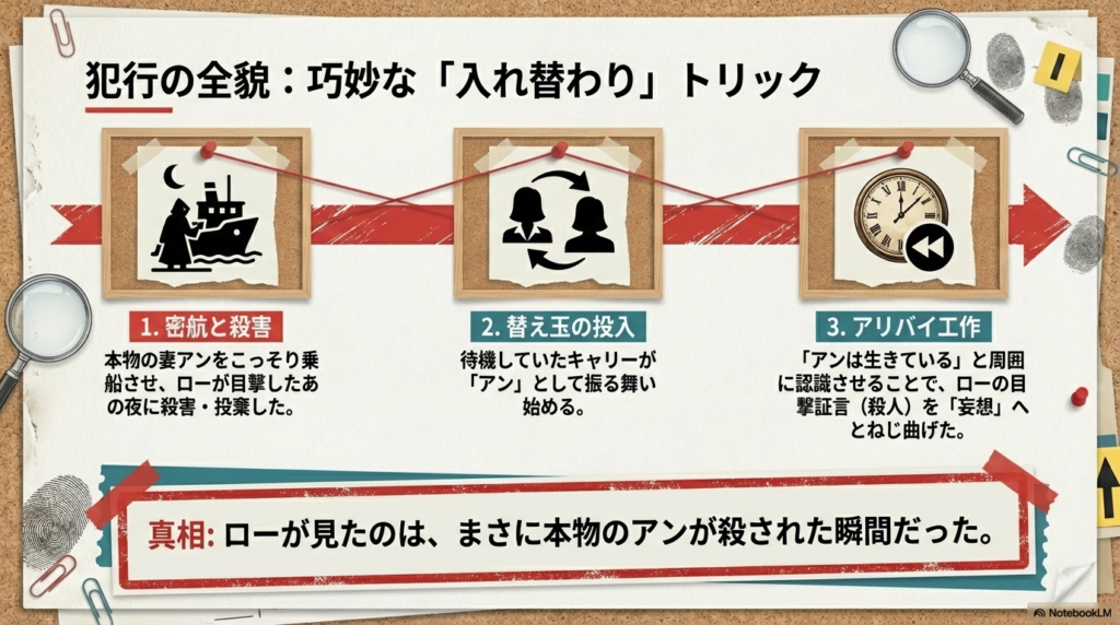 本物の妻アンの殺害・投棄と、替え玉キャリーの投入によるアリバイ工作のプロセスを説明するスライド。