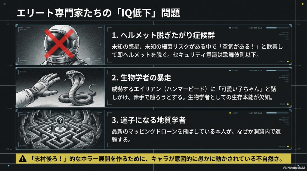ヘルメットを脱ぎたがる隊員、生物に触ろうとする学者、迷子になる地質学者の3つの問題行動をイラストで説明。