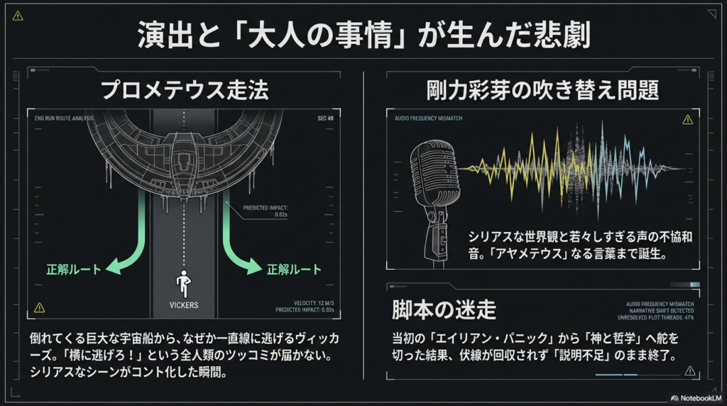 直線に逃げる「プロメテウス走法」の図解と、吹き替え問題、脚本の迷走（エイリアン・パニックから神と哲学へ）をまとめたスライド。