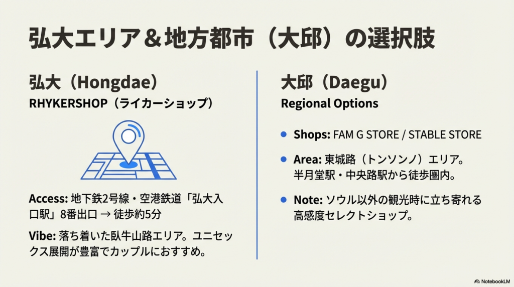 弘大入口駅から徒歩5分のRHYKERSHOPと、大邱の東城路エリアにあるFAM G STOREなどの情報を記したスライド。