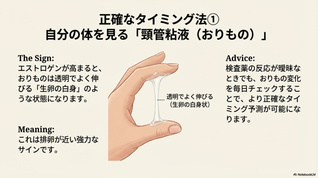 エストロゲン上昇により、おりものが透明でよく伸びる「生卵の白身」のような状態になることを解説したスライド。