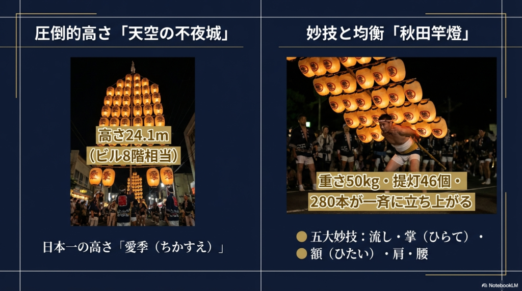 ビル8階相当の高さ24.1メートルを誇る能代「愛季」と、重さ50キロの竿燈を操る5つの妙技を対比させた解説スライド。