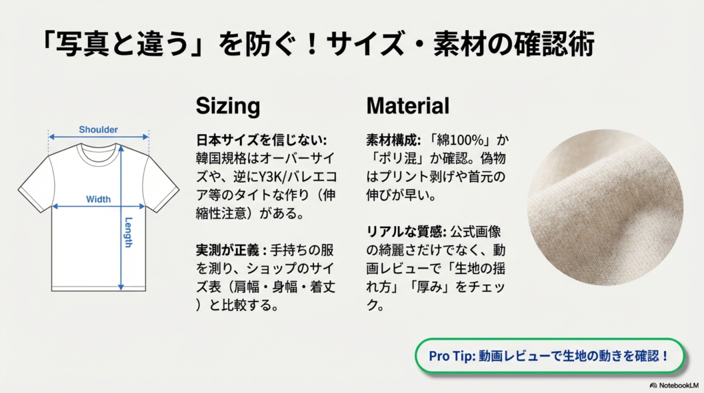 Tシャツの採寸箇所（肩幅・身幅・着丈）のイラストと、韓国規格の注意点、動画レビューでの素材確認を推奨する解説スライド 。