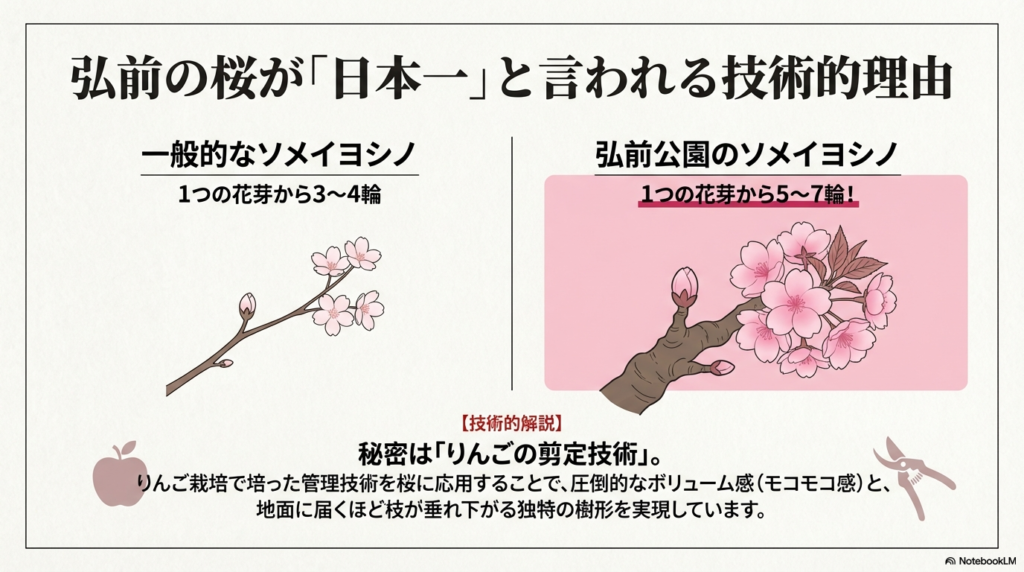 一般的なソメイヨシノ（1つの花芽から3〜4輪）と、弘前公園のソメイヨシノ（1つの花芽から5〜7輪）を比較したイラスト。りんごの剪定技術を応用することで、圧倒的なモコモコ感と独特の樹形を実現していることを解説している。
