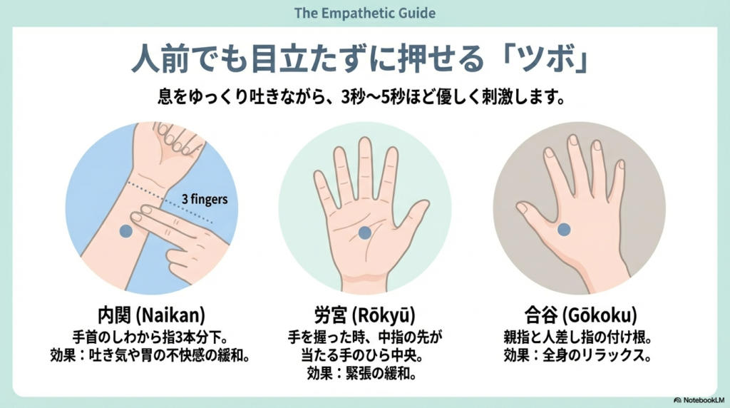 手首の内関(ないかん)、手のひらの労宮(ろうきゅう)、親指と人差し指の付け根の合谷(ごうこく)の3つのツボの場所と、それぞれの緩和効果を示したイラスト付きスライド。