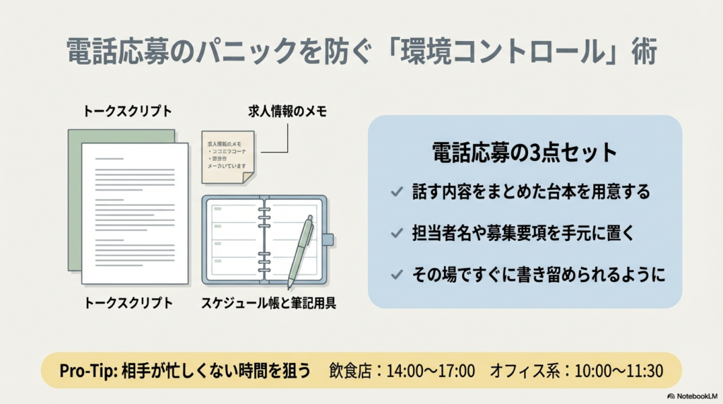 トークスクリプト、求人メモ、スケジュール帳のイラストと、飲食店やオフィス系への電話におすすめの時間帯(Pro-Tip)の記載。