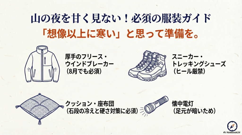 厚手のフリース、スニーカー、クッション、懐中電灯などの必須アイテム。
