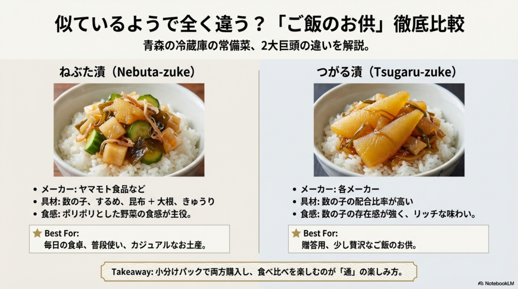 ねぶた漬（野菜の食感・カジュアル）とつがる漬（数の子多め・リッチ）の具材や食感の違い、用途別の選び方を比較したスライド。
