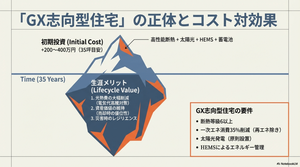 GX志向型住宅の初期投資(+200〜400万円)と35年間の生涯メリット(Lifecycle Value)を比較した図。光熱費削減、資産価値維持、災害レジリエンスがメリットとして挙げられている。
