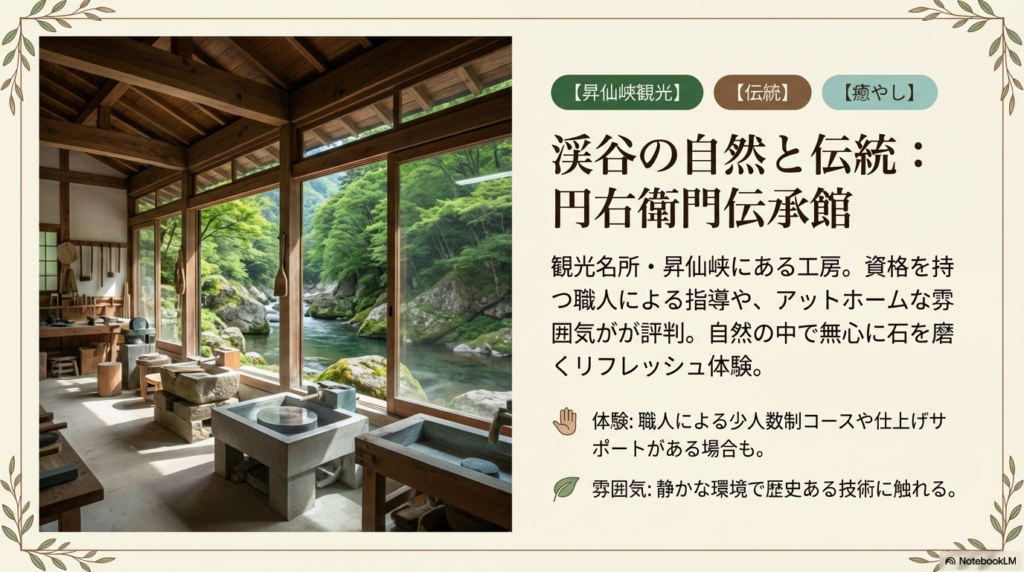 昇仙峡の美しい渓谷を望む工房の写真と、職人による指導やアットホームな雰囲気を紹介するスライド 。