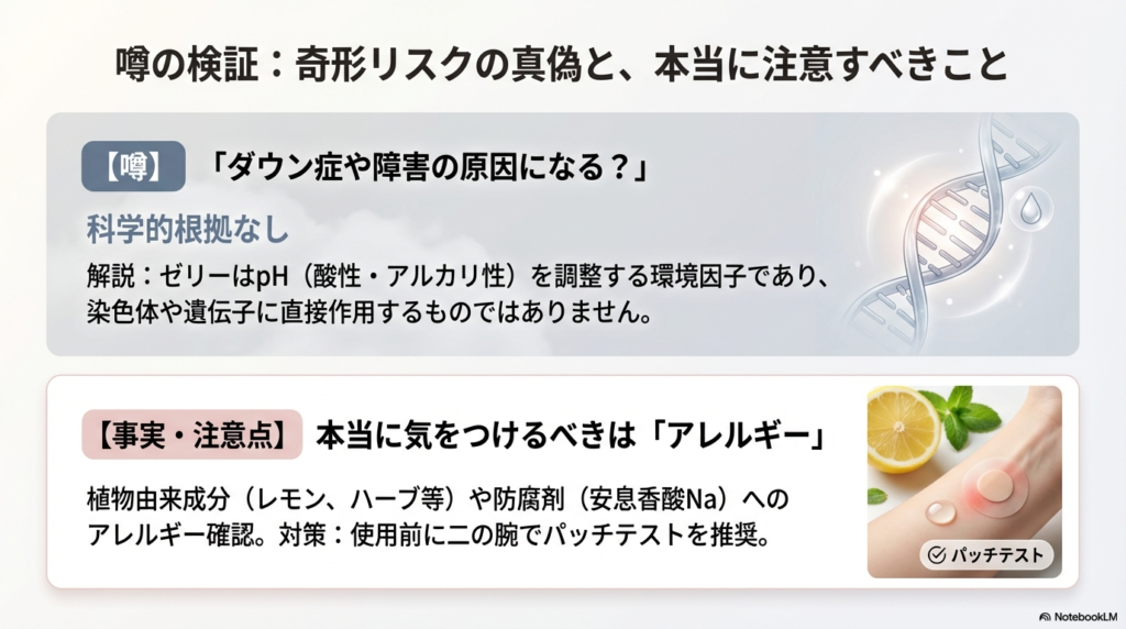 ゼリーが染色体に作用しないことの解説と、アレルギー対策としてのパッチテストを推奨するイラスト。