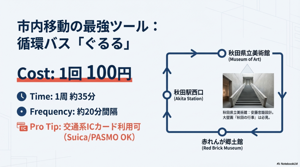 秋田駅西口を起点に秋田県立美術館や赤れんが郷土館を巡るバスルート図。1回100円、約20分間隔で運行されている情報が記載されている。