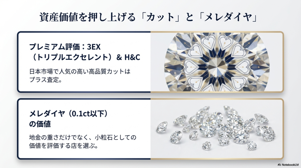 プレミアム評価となる3EX(トリプルエクセレント)とH&C(ハート&キューピッド)の解説スライド。H&Cの模様の画像と、0.1ct以下のメレダイヤも評価対象であることを記載。