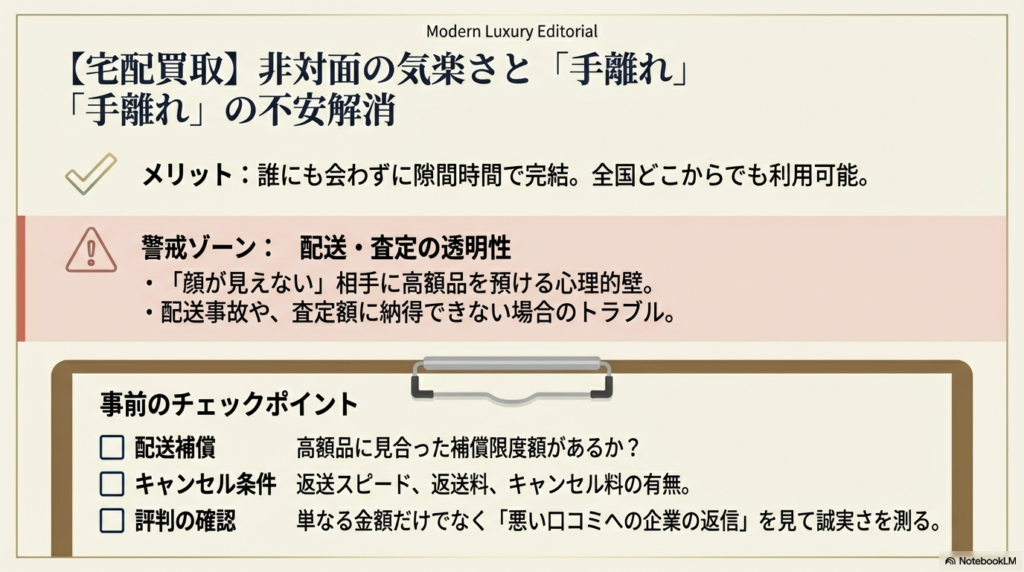 配送補償、キャンセル条件、口コミの確認方法など、宅配買取を利用する前に確認すべき項目を挙げたチェックリスト形式のスライド。