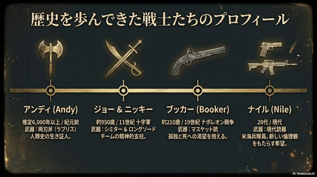 アンディ（6,000歳/両刃斧）、ジョー＆ニッキー（950歳/刀剣）、ブッカー（210歳/マスケット銃）、ナイル（現代/銃器）の年齢と武器をまとめたプロフィール 。