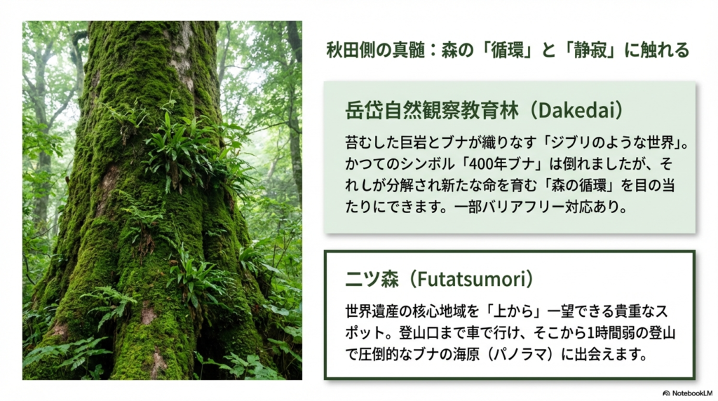 苔むしたブナが美しい「岳岱自然観察教育林」と、世界遺産を一望できるパノラマ展望が魅力の「二ツ森」の紹介。