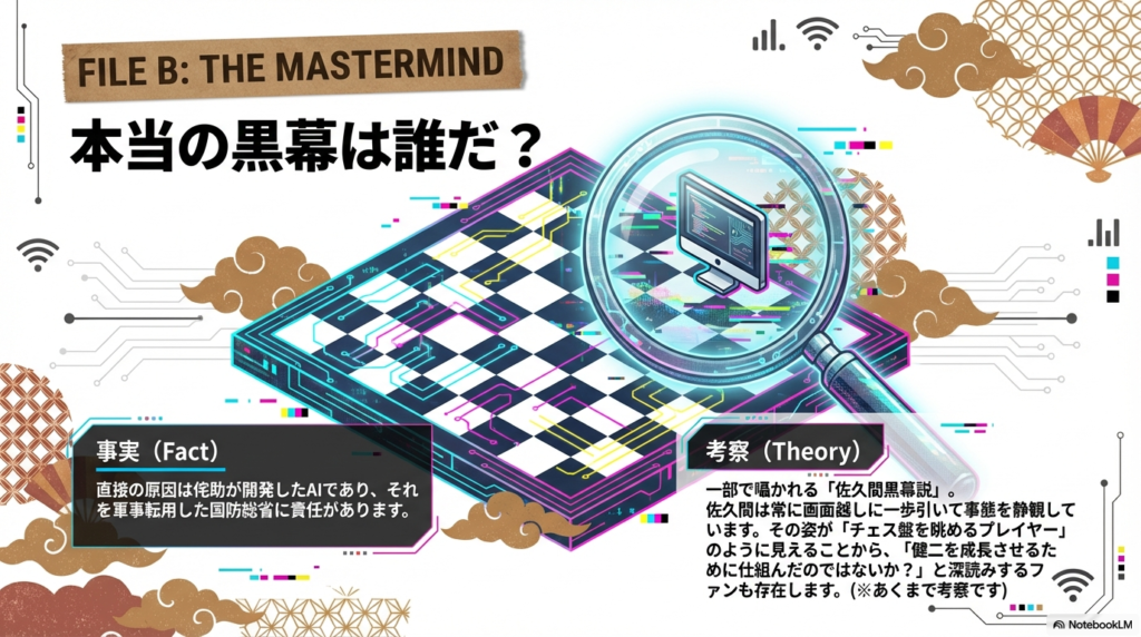 侘助と国防総省という事実上の原因に加え、チェス盤を眺めるプレイヤーのような佐久間の立ち位置から推察されるファン独自の考察を紹介するスライド。