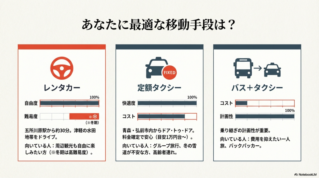 レンタカー、定額タクシー、バス+タクシーの3パターンを、自由度やコストなどの項目で比較したチャート。