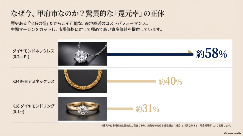宝石の街・甲府ならではの中間マージンカットによる高コストパフォーマンスの説明と、代表的なジュエリー(ダイヤネックレス約58%など)の推定還元率をまとめたグラフ。