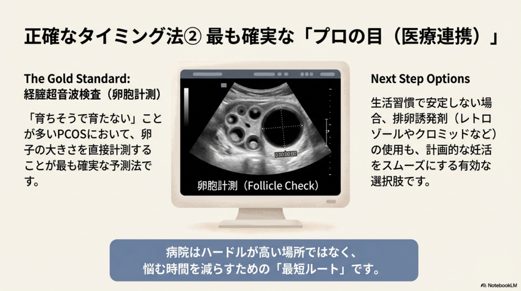 経膣超音波検査による卵胞計測の画像と、排卵誘発剤(レトロゾール等)も有効な選択肢であることを示すスライド。
