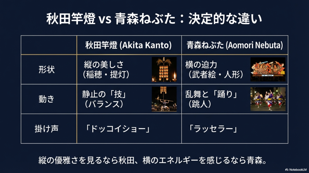 秋田竿燈の「縦の美しさ・技」と、青森ねぶたの「横の迫力・踊り」を、形状、動き、掛け声で比較したまとめ表。