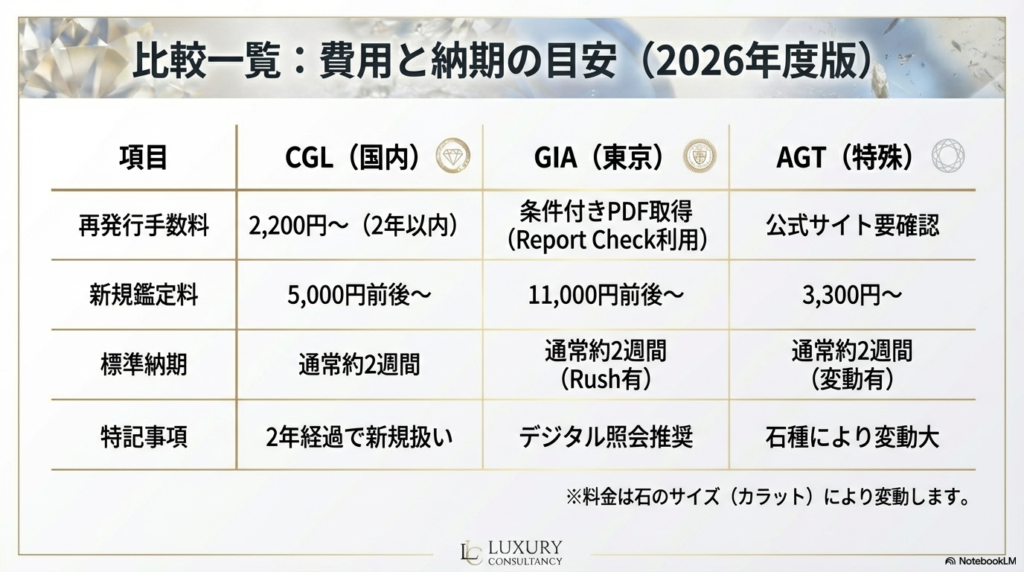 CGL、GIA、AGTの再発行手数料、新規鑑定料、標準納期を比較した表。サイズにより価格が変動することや、デジタル照会の推奨などが記されている。