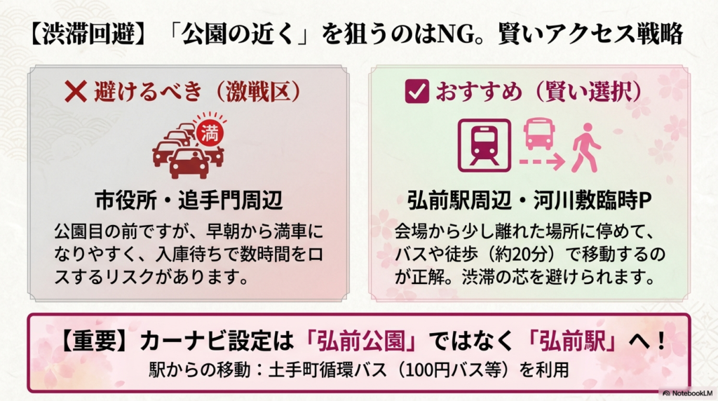 渋滞回避の戦略をまとめたスライド。公園近くの市役所周辺を「避けるべき激戦区」とし、弘前駅周辺や河川敷臨時駐車場に停めてバスや徒歩で移動することを推奨。カーナビ設定を「弘前駅」にすることを重要ポイントとして挙げている。