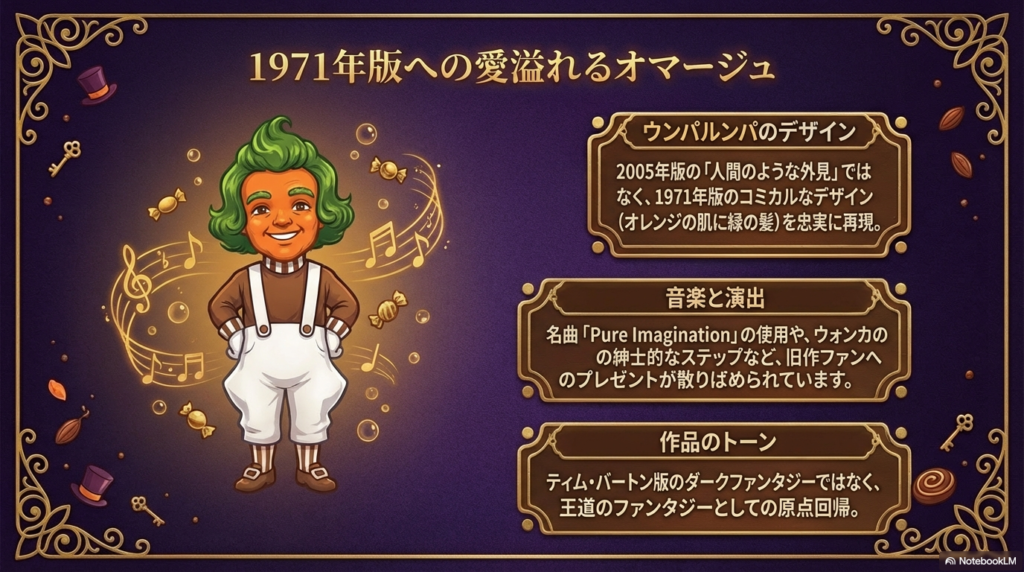 ウンパルンパのデザイン（オレンジの肌と緑の髪）、名曲「Pure Imagination」の使用、王道ファンタジーへの原点回帰など、1971年版を意識したポイントのまとめ。